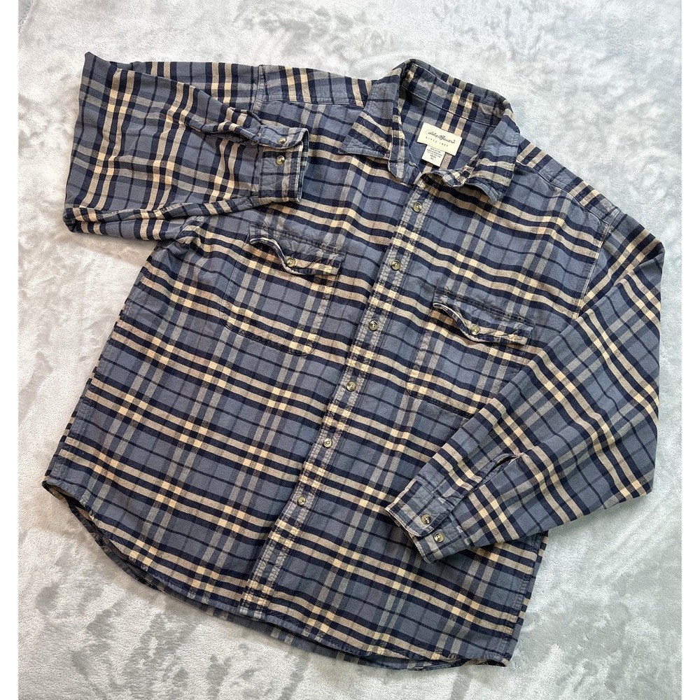 Vintage Eddie Bauer Heavy Cotton Plaid Shirt Men XL Blue Button Up Outdoor Workw